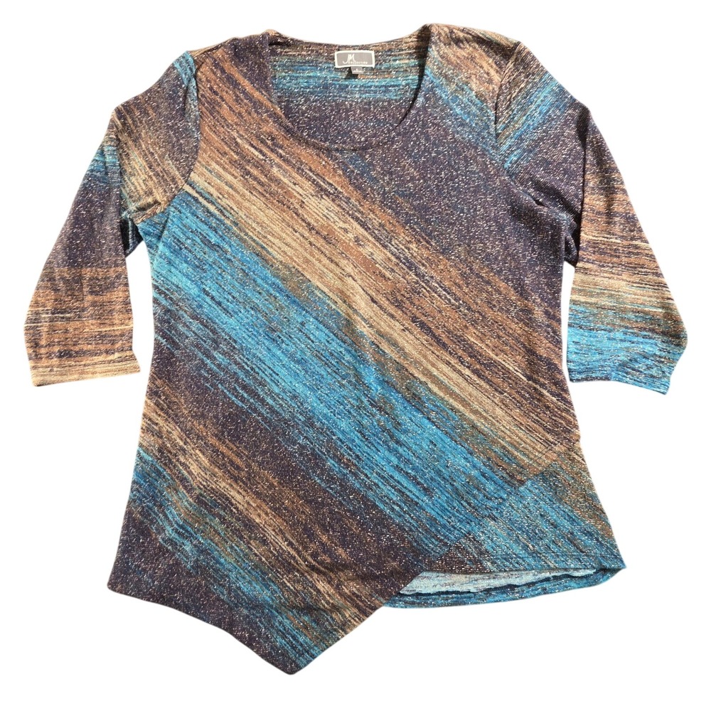 JM Collection Women's Blue Brown Metallic Print Asymmetrical Hem Top Size L